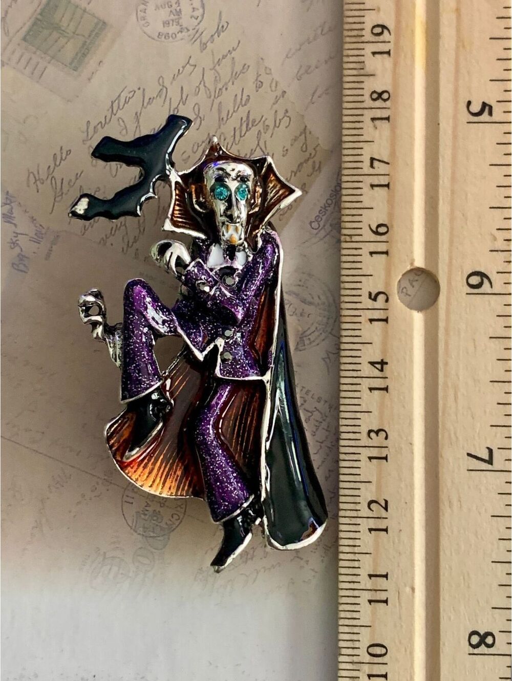 Spooky Dancing Dracula Enamel Pin with Bat Accent - Halloween Fun! - Picture 3 of 4
